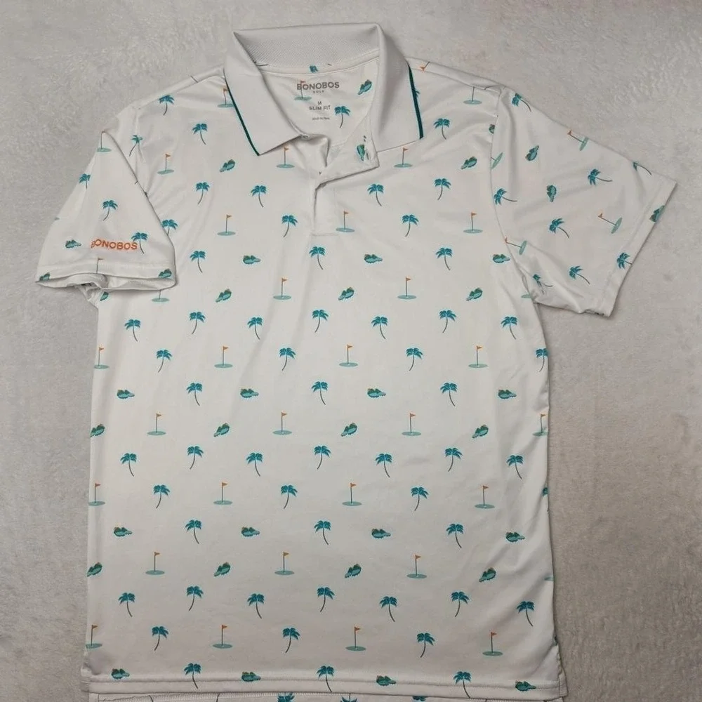 Bonobos‎ Polo Shirt Mens M White Palm Tree Golf Slim Fit Performance Collared